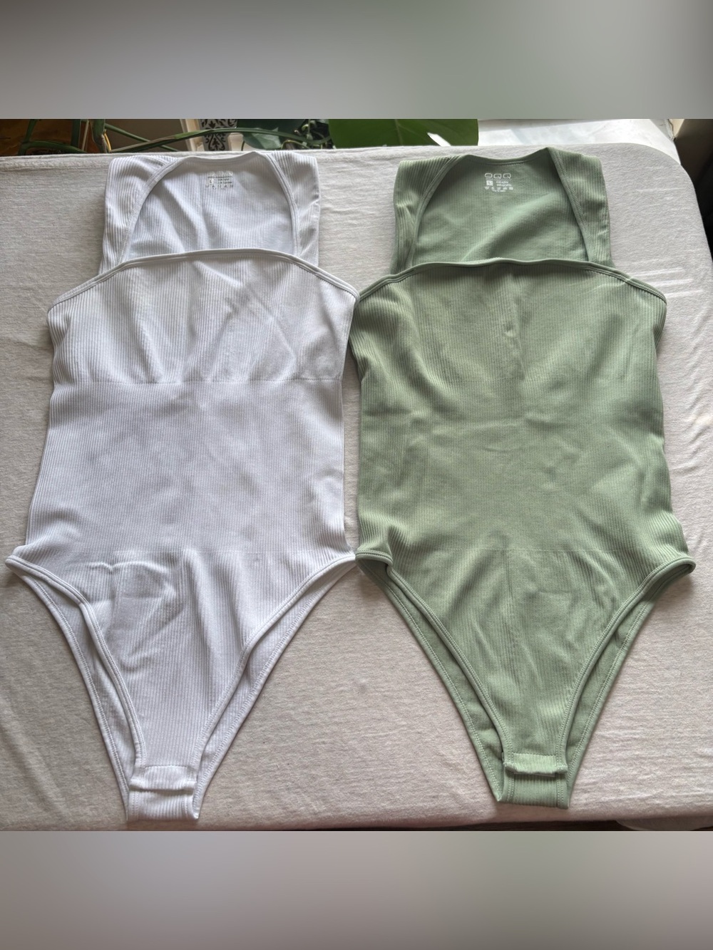 OQQ Ribbed Square Neck Shaping Bodysuits Sage Green & White 2-Pack L